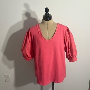 Chicos Womens Top XXL Bubblegum Pink Puff Sleeve Ribbed Henley Pull Over Cotton